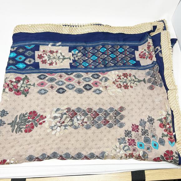 Pakistani Dupatta Indian Sequin Floral‎ Embroidered Art Deco Cottagecore Boho - Picture 4 of 6